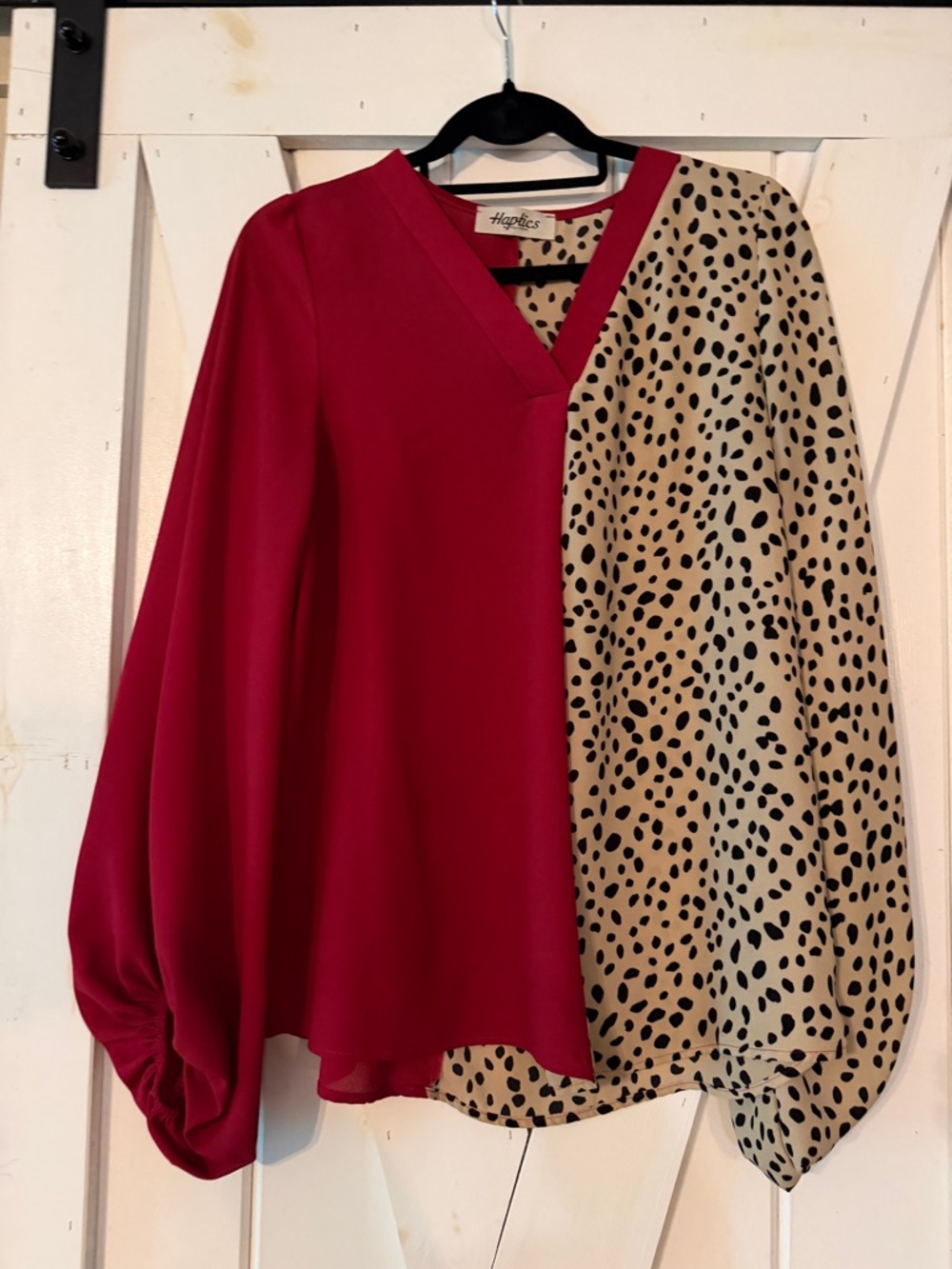 Long Sleeve Two-Tone Red and Beige Leopard Panel V-Neck Blouse